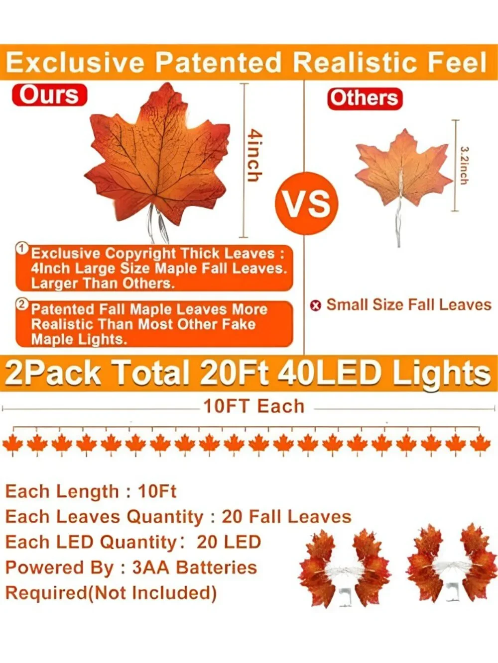 Fall Decor 2 Pack Fall Garland with Lights Enlarged Maple Leaves 20Ft 40LED
